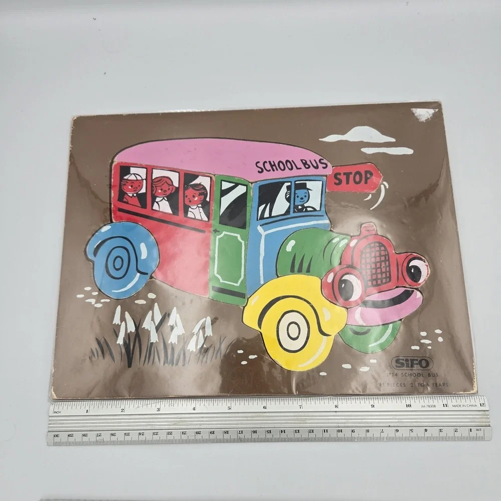 SiFO Wooden Vintage Cat Kitten‎ Puzzle 1960's And School Bus Set